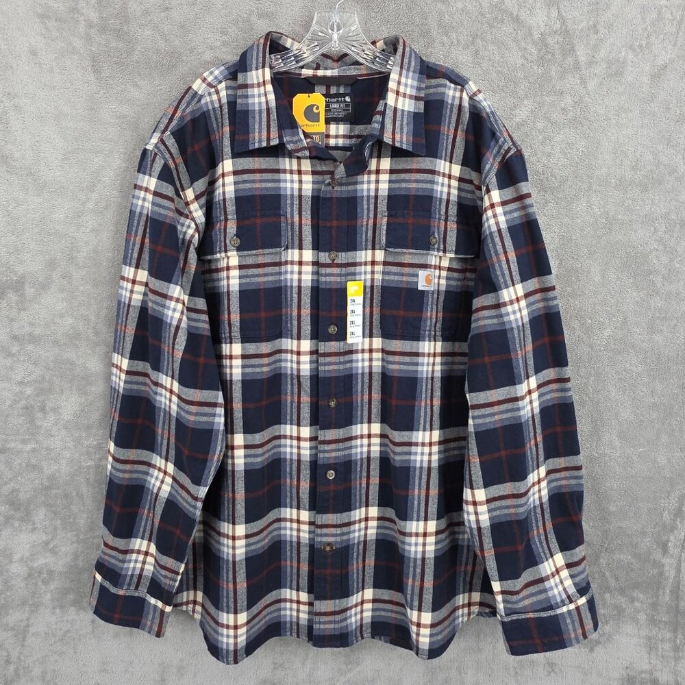 Carhartt Loose Fit Flannel Shirt 2XL Red Blue Plaid Workwear Outdoor Rugged New